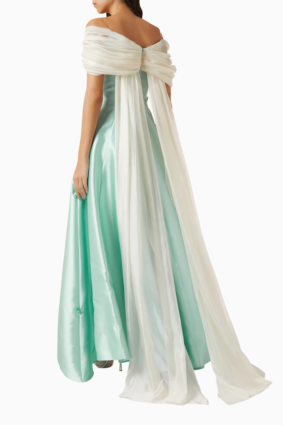 Off-shoulder Maxi Dress in Satin Çiçek Aplikeli Maxi Kadın Elbise