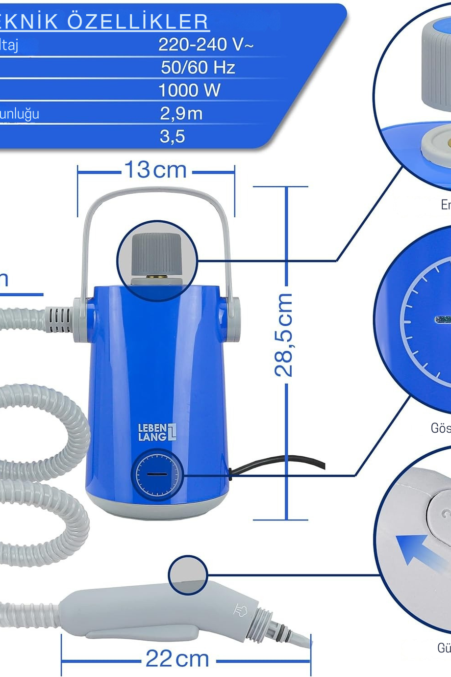 1000W Buharlı Temizleyici, 300 ml Tank, 10 Başlıklı El Tipi Temizlik Cihazı
