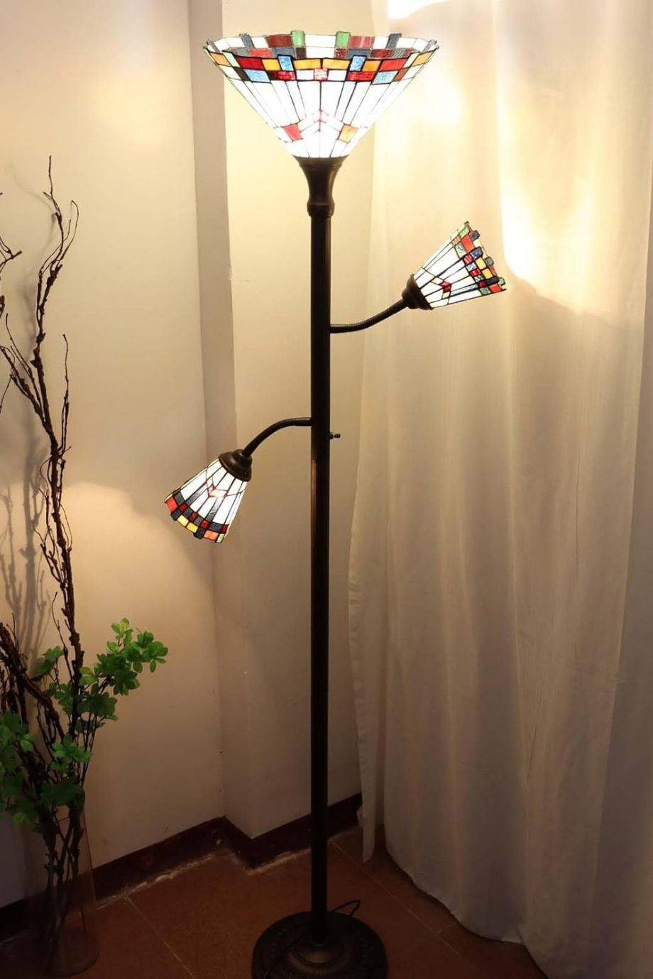 Tiffany Stil Vitray Cam, El İşçiliği 3 Işıklı Lüks Dekoratif Lambader