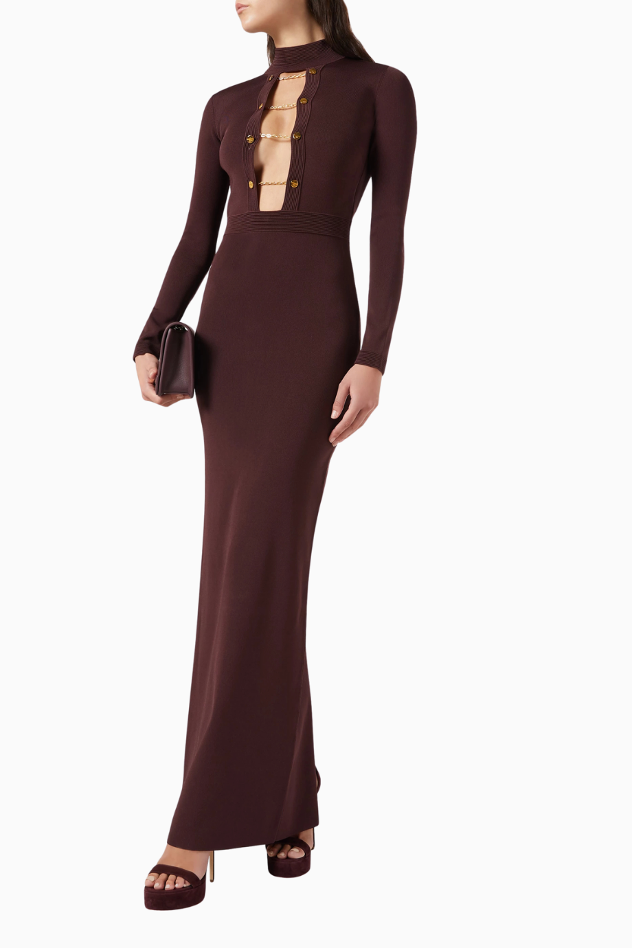 Jewel Yüksek Yakalı, Açık Sırtlı Maxi Triko Elbise