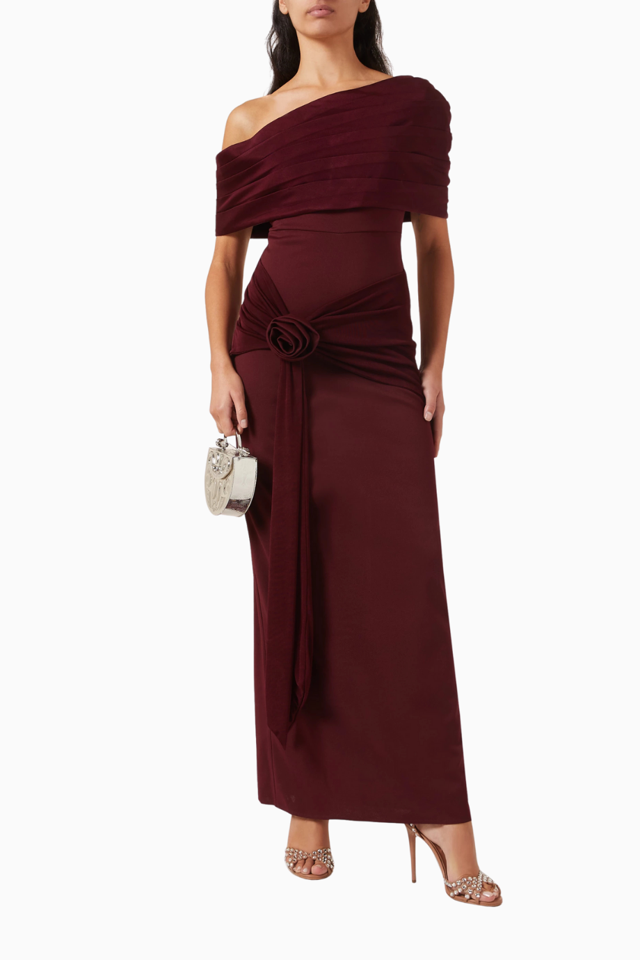 Off-shoulder Rose Drape Gül Drapeli Omuz Dekolteli Uzun Kadın Elbise