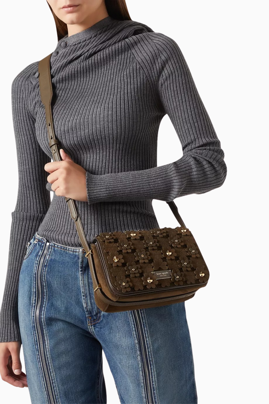 Liv Floral Appliqué Omuz Çantası, Çiçek Detaylı Süet Lüks Kadın Çanta