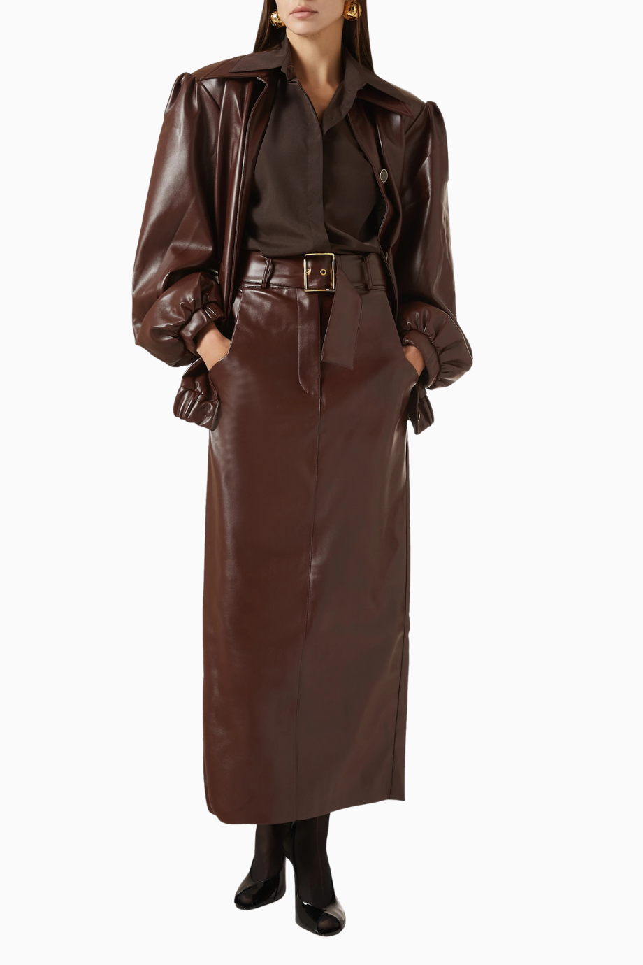 Belted Maxi Skirt, Lüks Kahverengi Eco Leather Kuşaklı Şık Maxi Etek