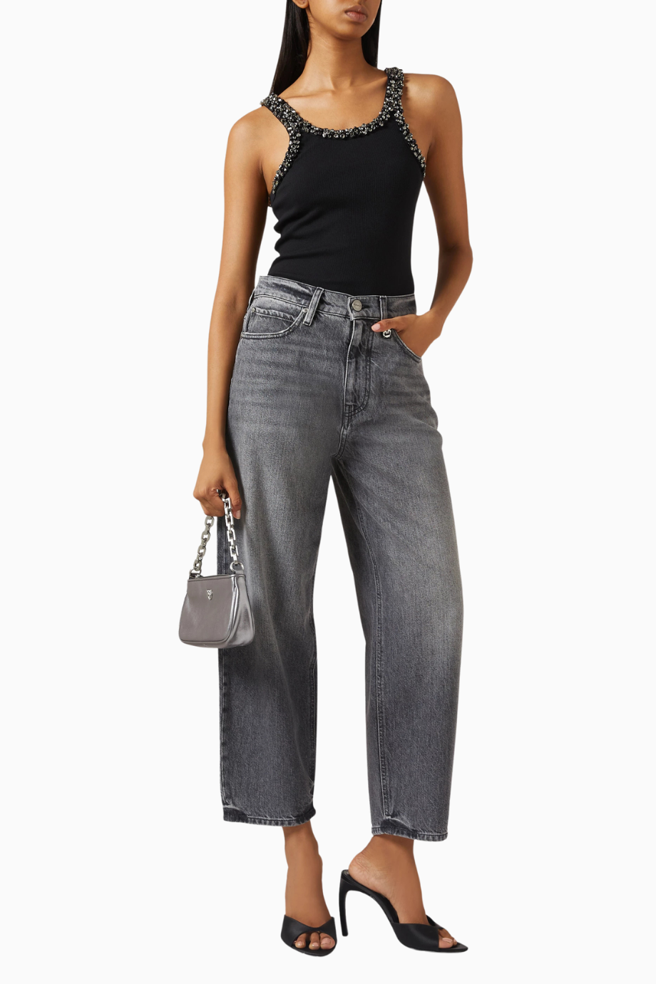 Estelle Balloon-Fit Jeans, Lüks Koyu Gri Denim Pantolon, Nakışlı Logo Detaylı