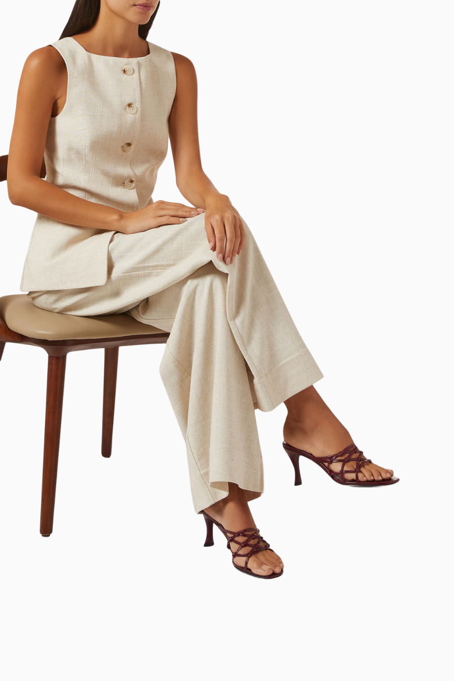 Malaya Bordo Deri Mules, Örgü Bantlı, Kare Burun ve Orta Topuk