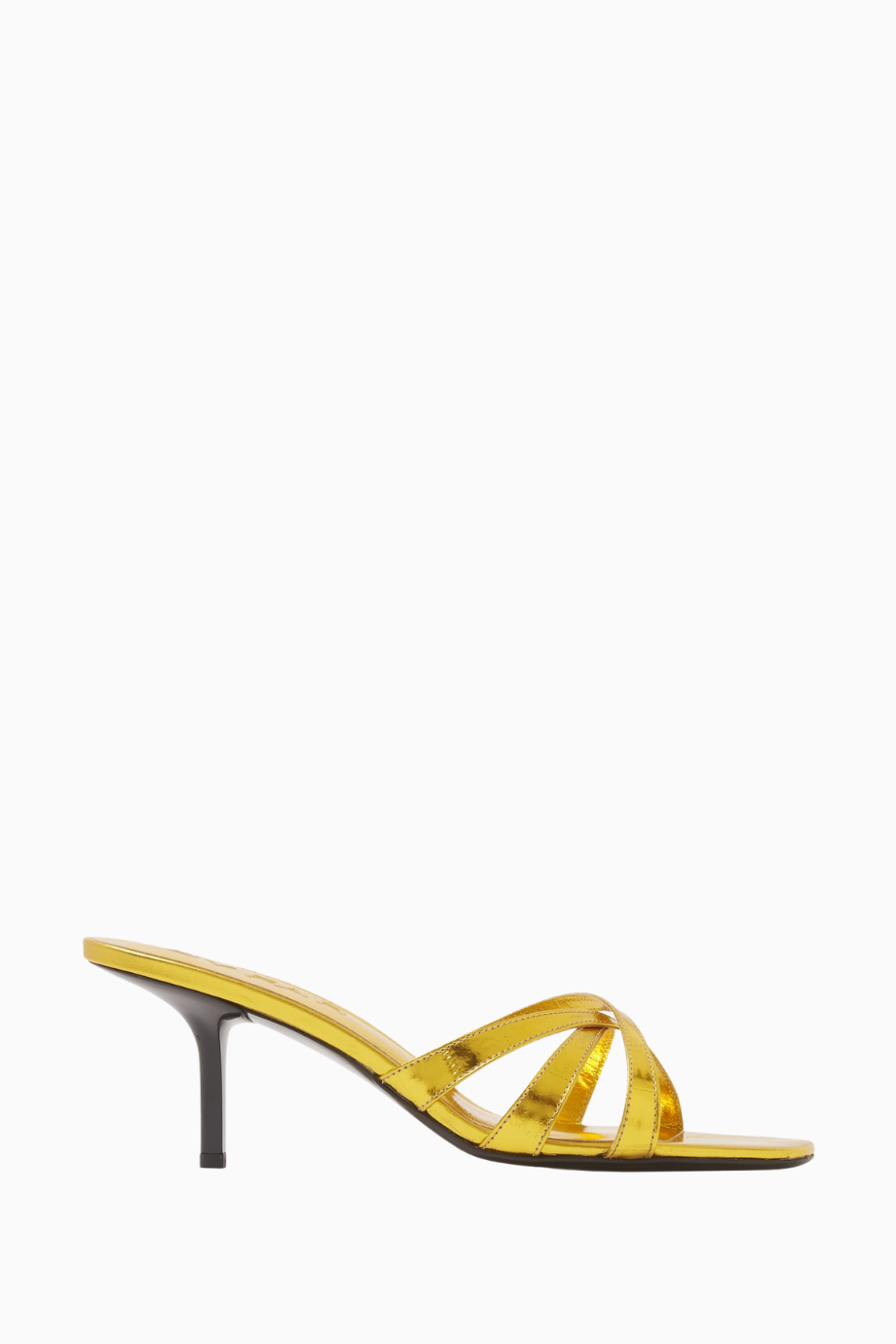 Julie 65 Altın Metalik Deri Mules, Çapraz Bantlı ve 65mm İnce Topuk