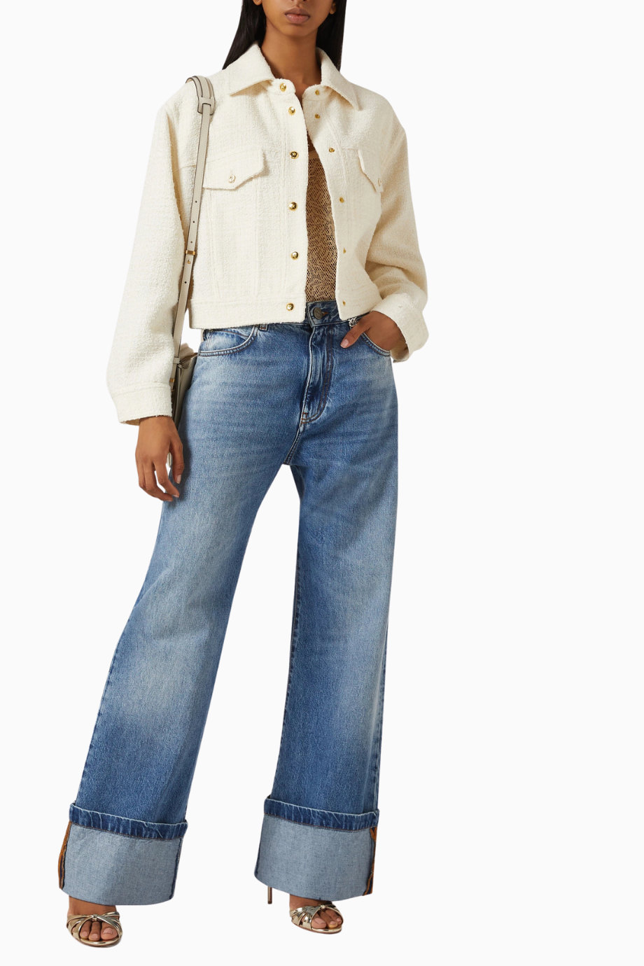 Wanda Turn-Up Wide-Leg Jeans, Lüks Mavi Denim Pantolon, Katlı Paça Detaylı