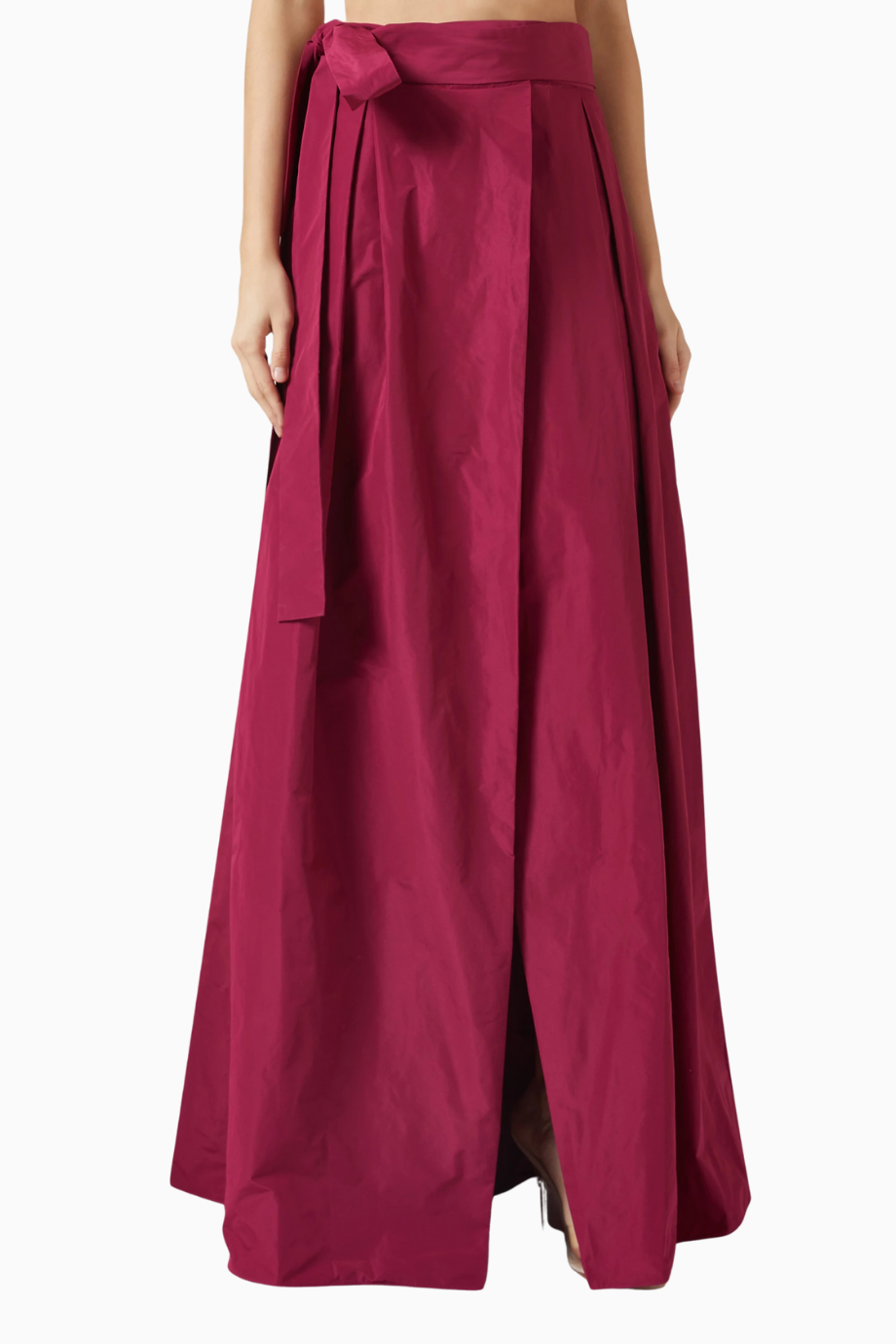 Belted Maxi Skirt Lüks, Kırmızı Taffeta Etek, Tonal Kemer Detaylı