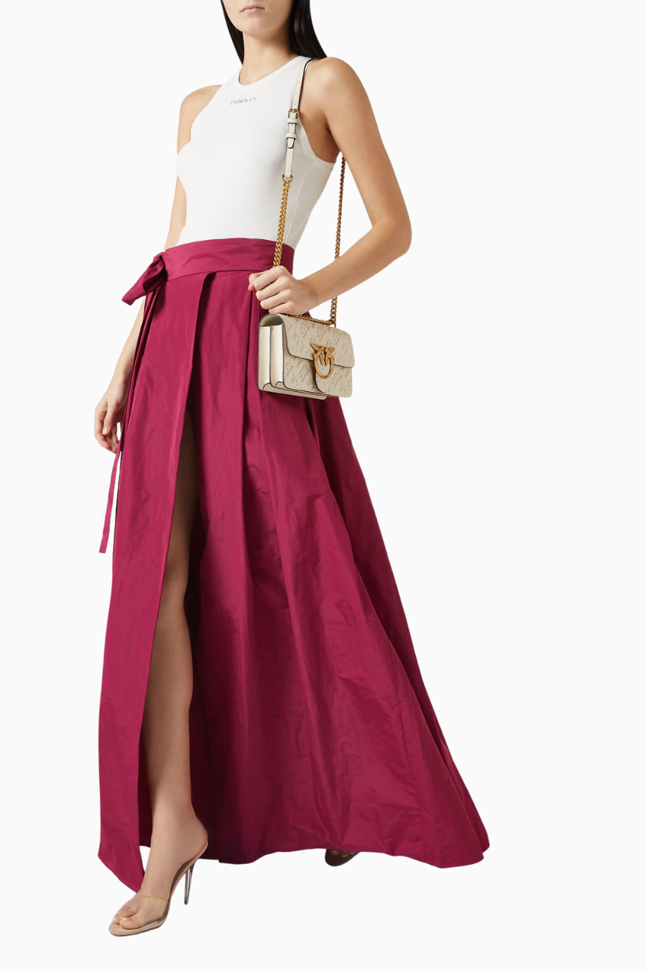Belted Maxi Skirt Lüks, Kırmızı Taffeta Etek, Tonal Kemer Detaylı