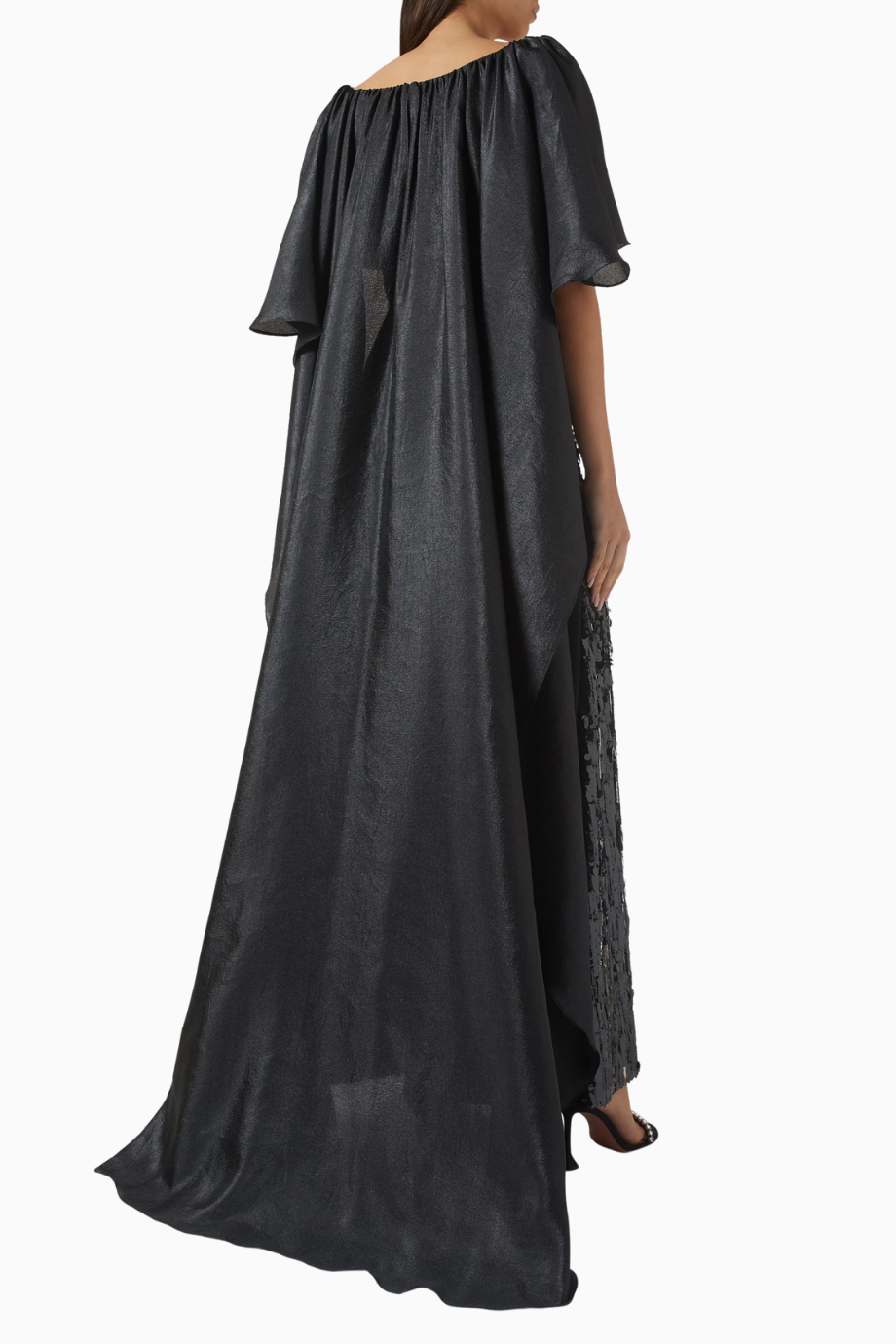 Sequinned Cape Payetli Pelerin Detaylı Siyah Maxi Kadın Elbise