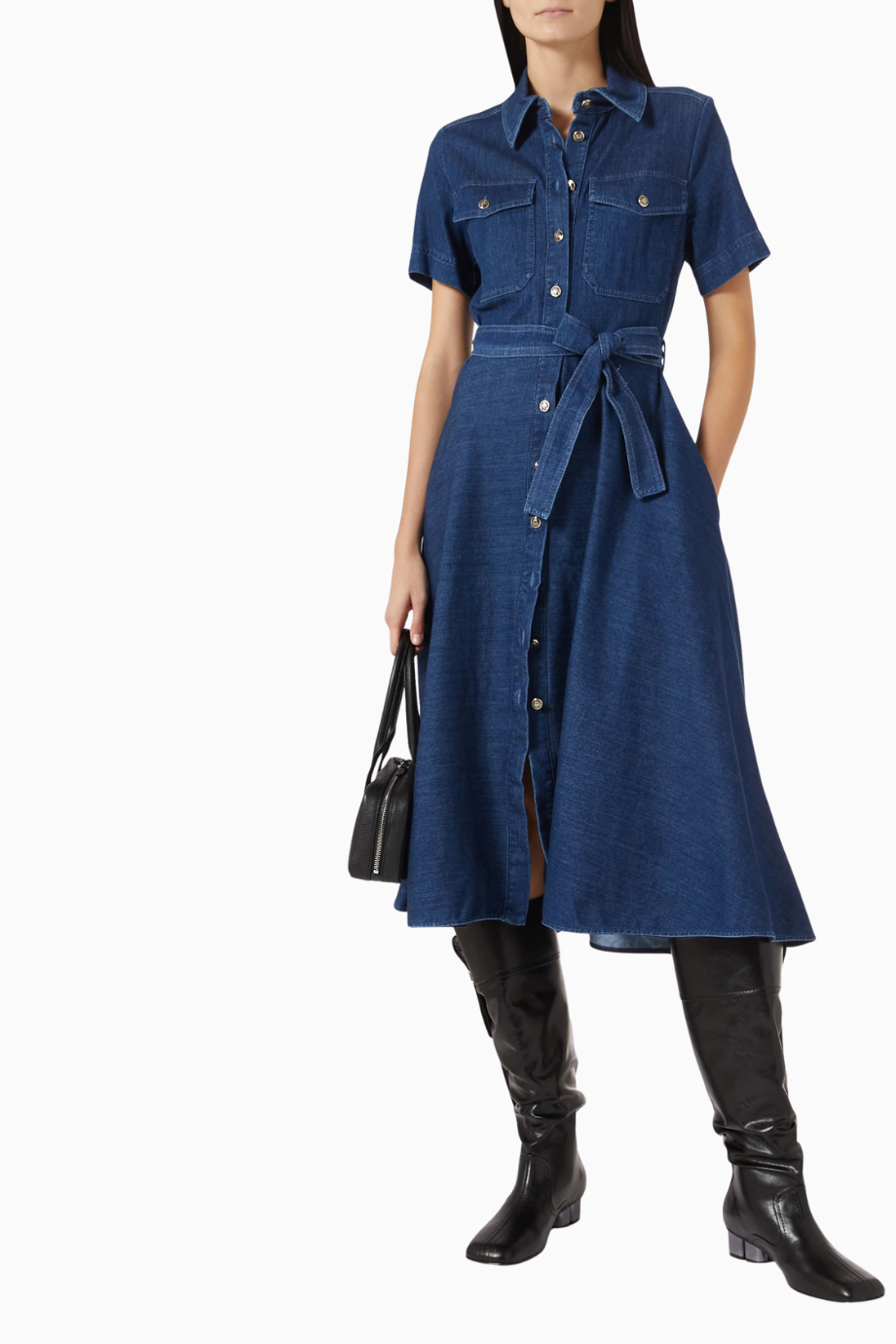 Fagotto Kemerli Denim Gömlek Elbise, Flared Etek ve Feminen Siluet