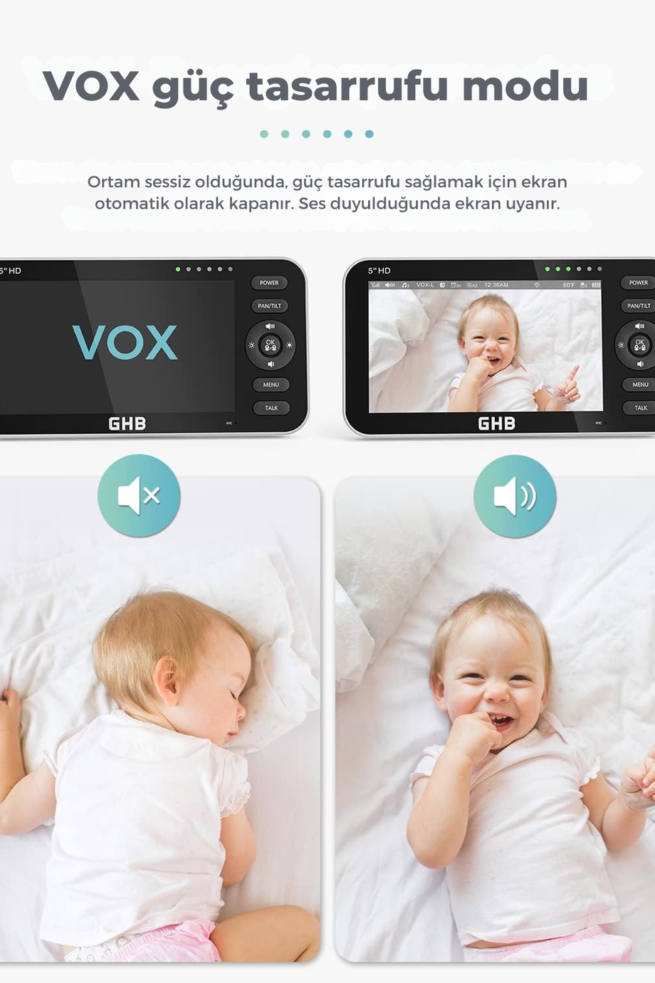 Bebek Monitörü 2 Kamera, 5 İnç 720P HD Ekran, VOX Modu