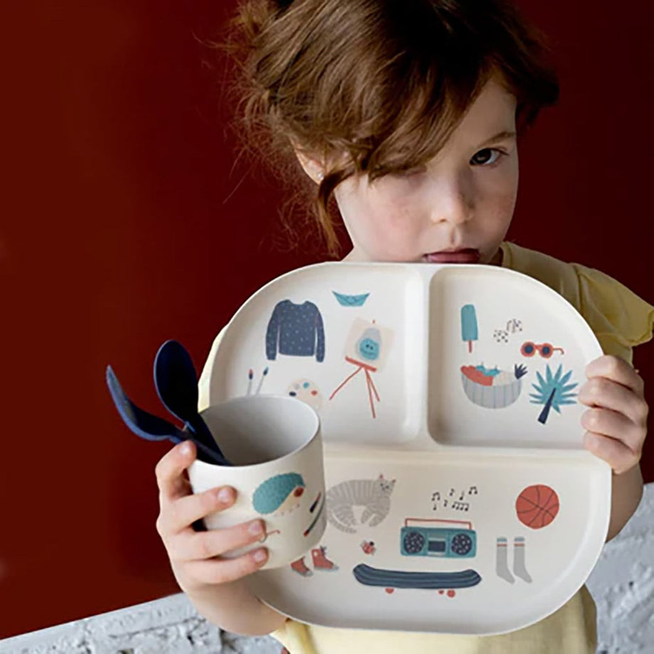 Çocuk Kraliyet Mavisi Resimli Yemek Takımı ve Çatal Bıçak Takımı, 4'lü Set