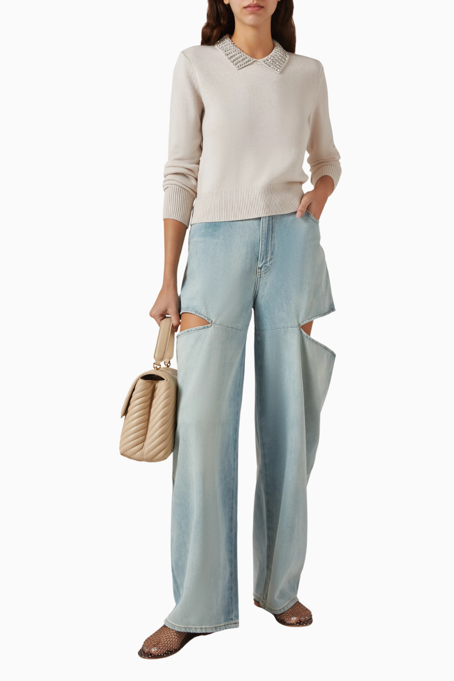Ventotene Embellished Sweater Lüks,Taş Detaylı Gümüş Renk Triko