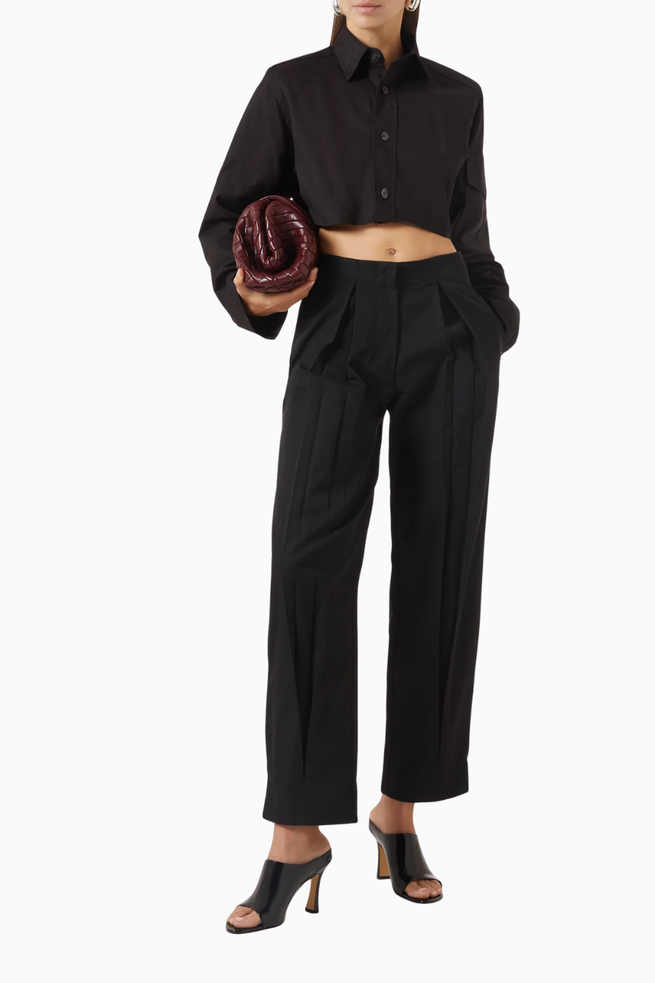 Box Crop Shirt, Siyah Pamuklu Kısa Gömlek