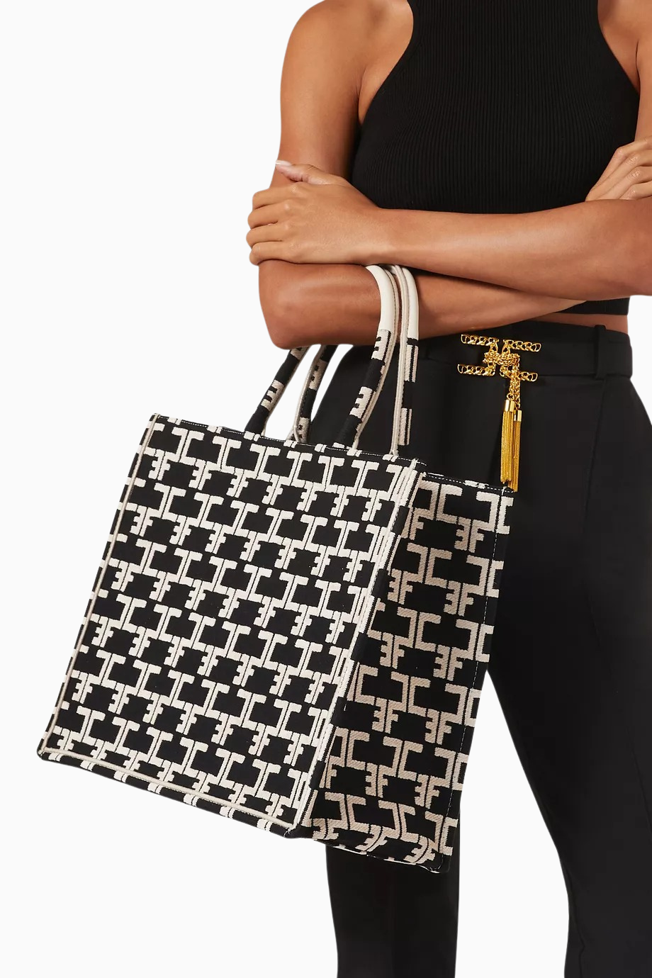 Large Monogram Tote Çanta Siyah, Jakarlı Kumaş EF Logolu Lüks Omuz Çantası