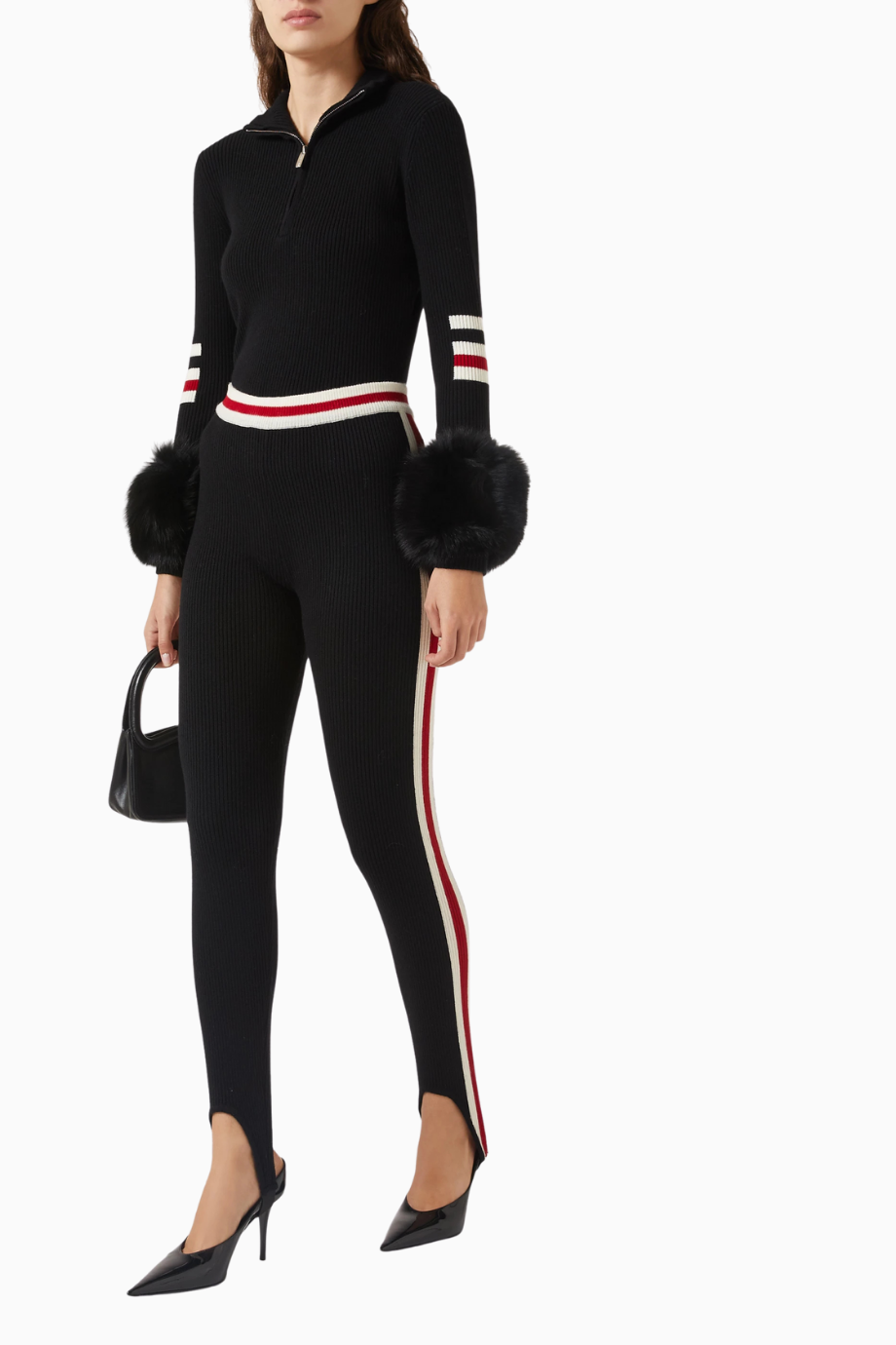 Ski Striped Zip-up Sweater, Kırmızı Şık ve Lüks Kadın Kürk Detaylı Kazak