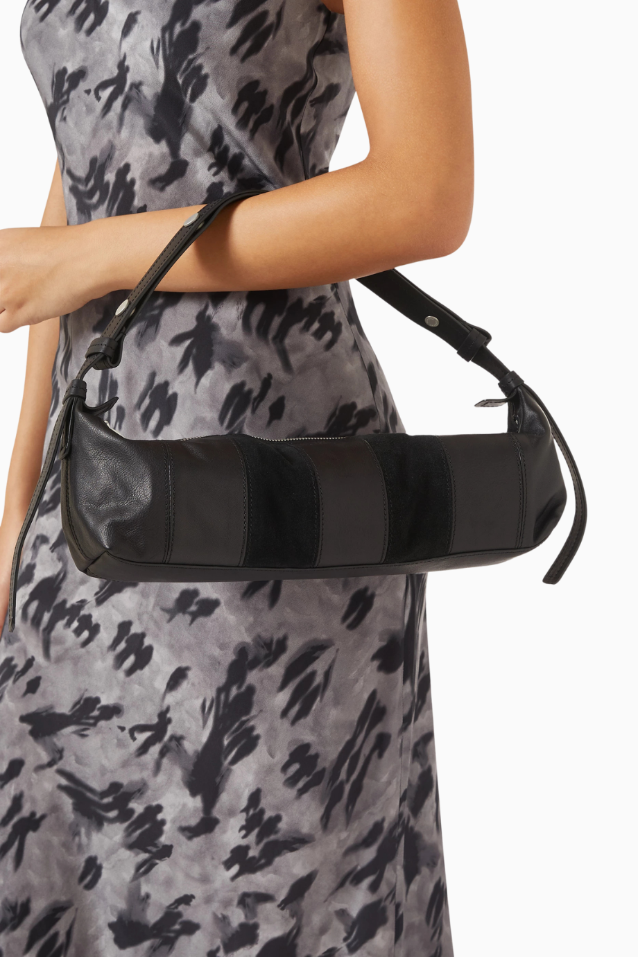 Snap Baguette Shoulder Bag, Lüks Siyah Nappa-Süet Deri Ayarlanabilir Omuz Çantası