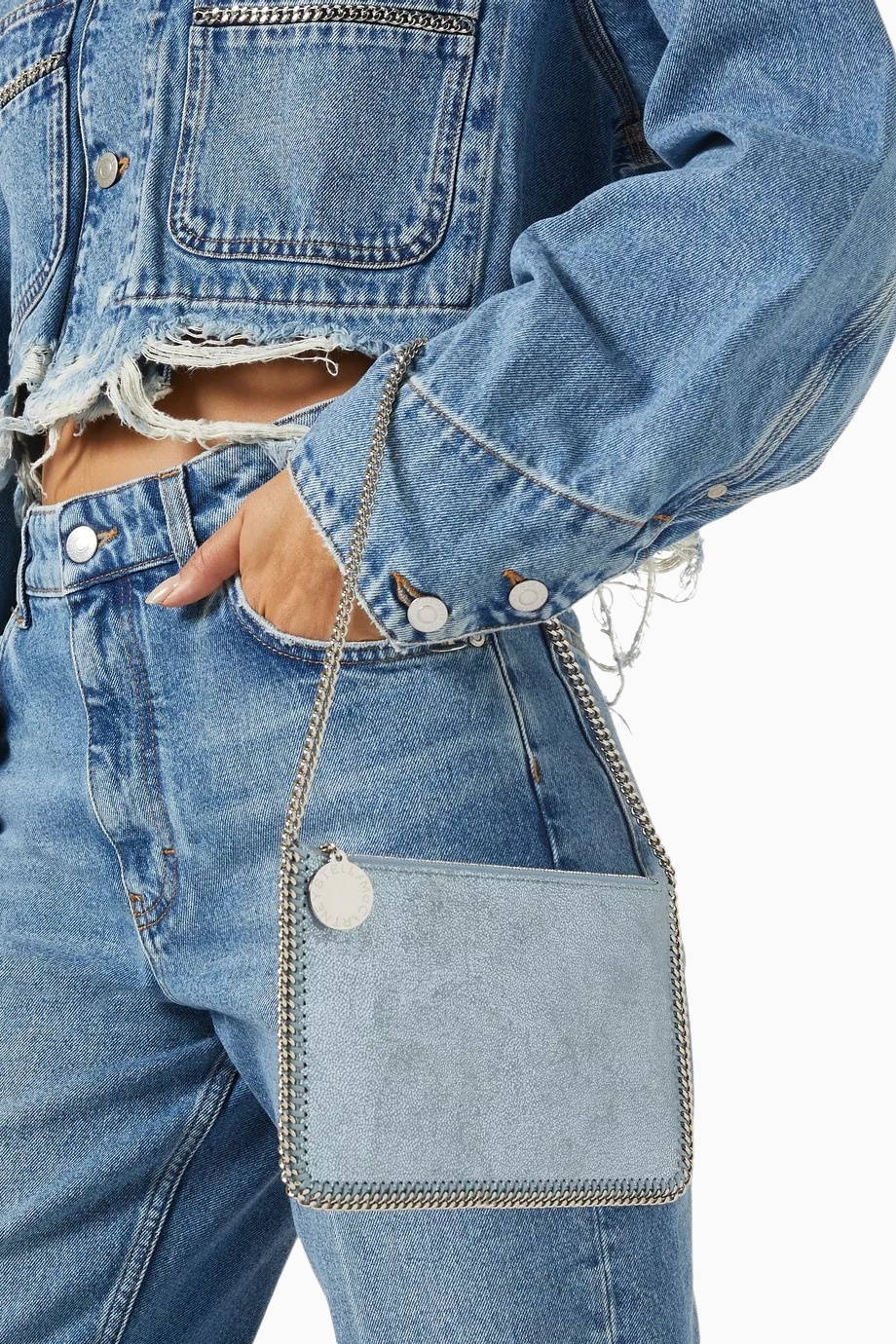 Falabella Shaggy Deer, Açık Mavi Vegan Deri Zincir Detaylı Lüks Pochette Omuz Çantası