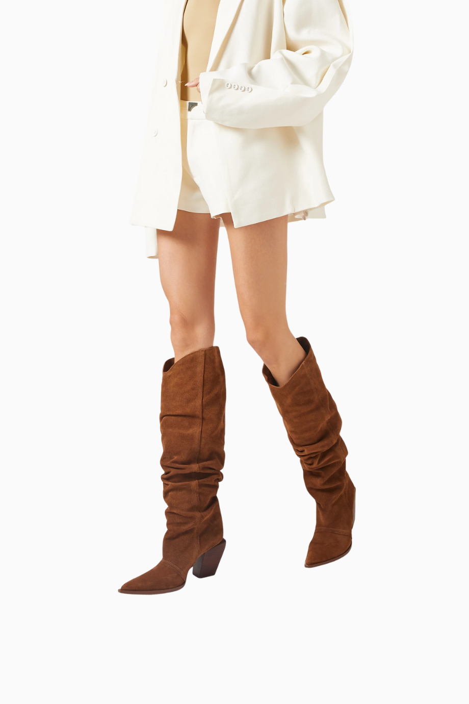 Western Knee Kahverengi Süet, Diz Boyu Blok Topuklu Çizme