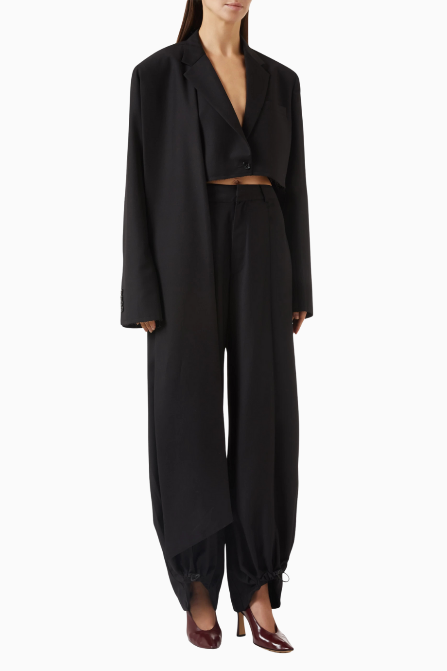 Side Scarf Crop Blazer, Şal Panelli, Yapılandırılmış Kısa Ceket
