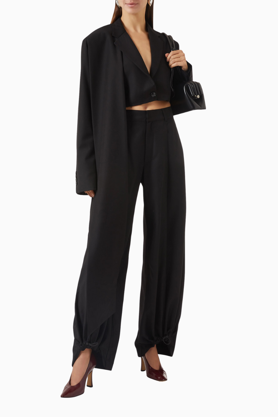 Side Scarf Crop Blazer, Şal Panelli, Yapılandırılmış Kısa Ceket