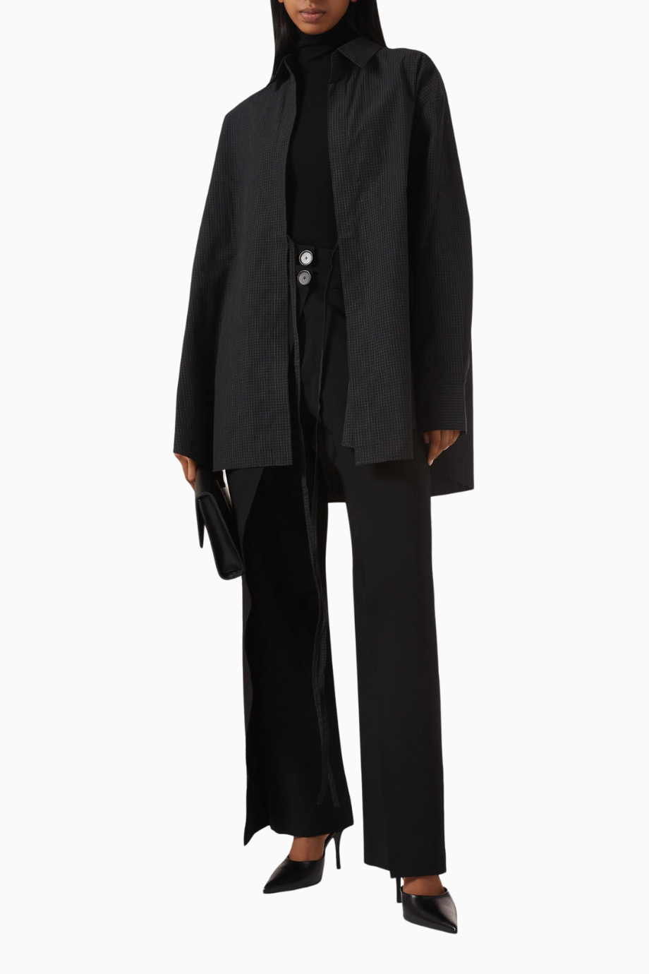 Yasmine Tie-up Shirt, Siyah Pamuk Oversize Bel Bağlamalı Gömlek