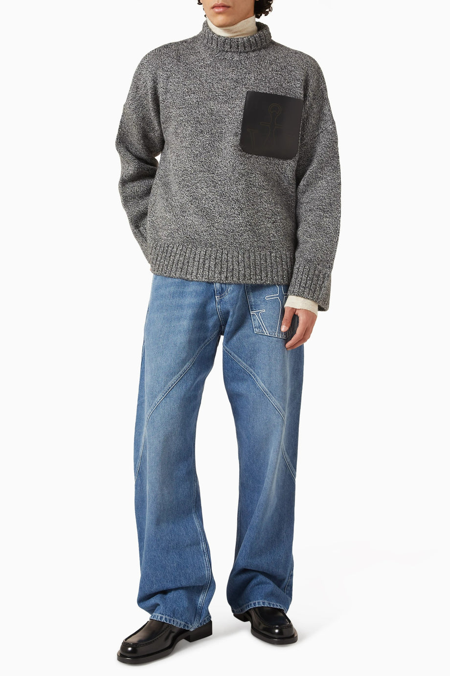 Patch Pocket Jumper, Yün Karışımlı Balıkçı Yaka Kışlık Kazağı, Gri
