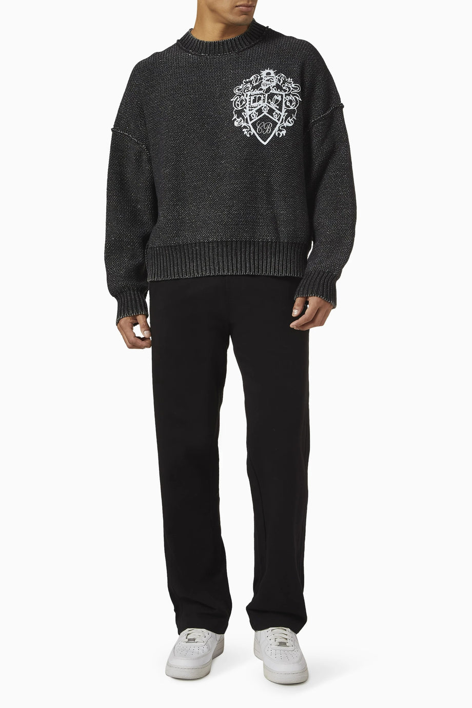 Collegiate Crest Sweater, Koyu Gri Pamuk, Tersinir & Vintage Tasarım