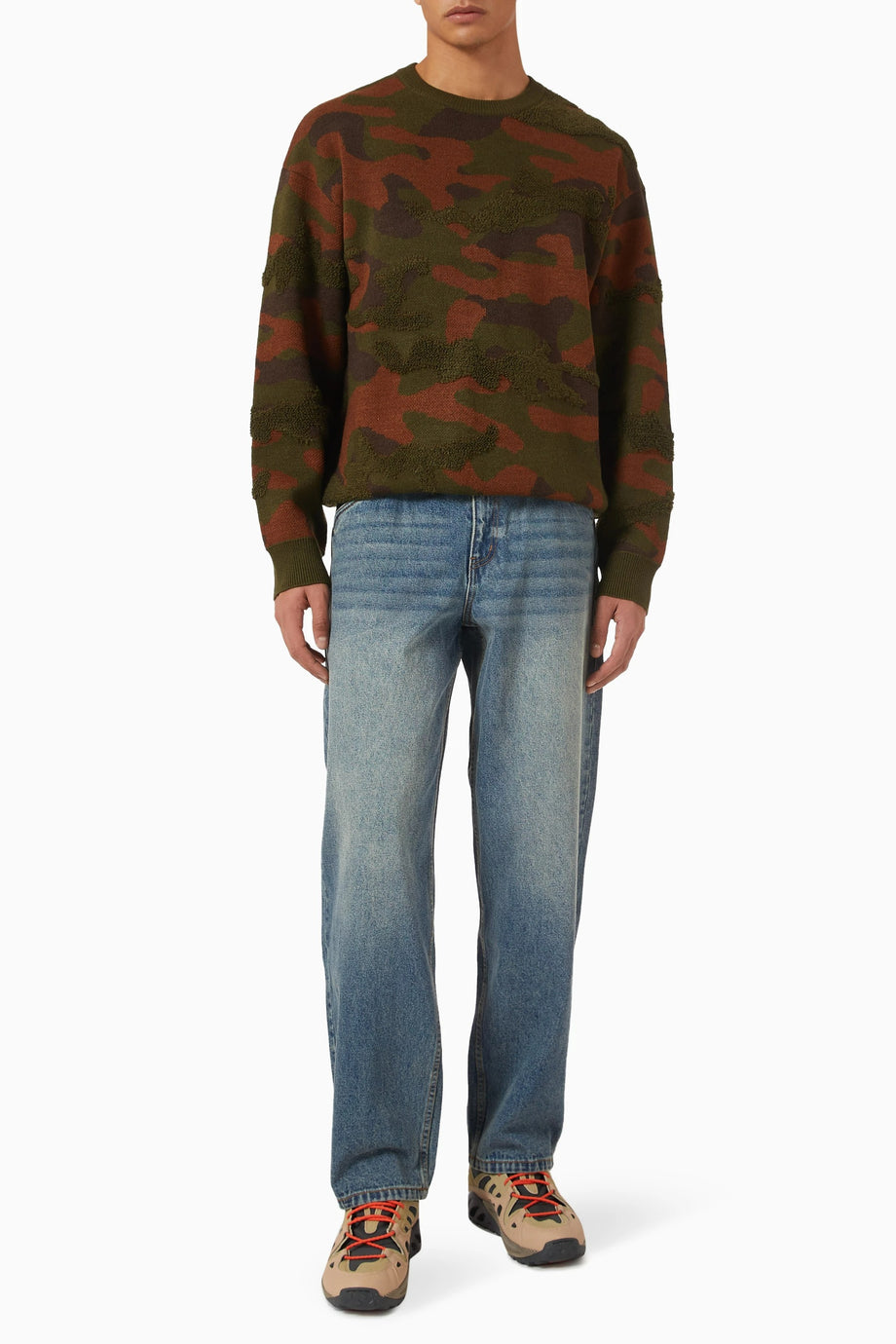 Camo Sweater in Chenille Knit, Kamuflaj Desenli Şönil Örgü Kazak, Rahat Kesim