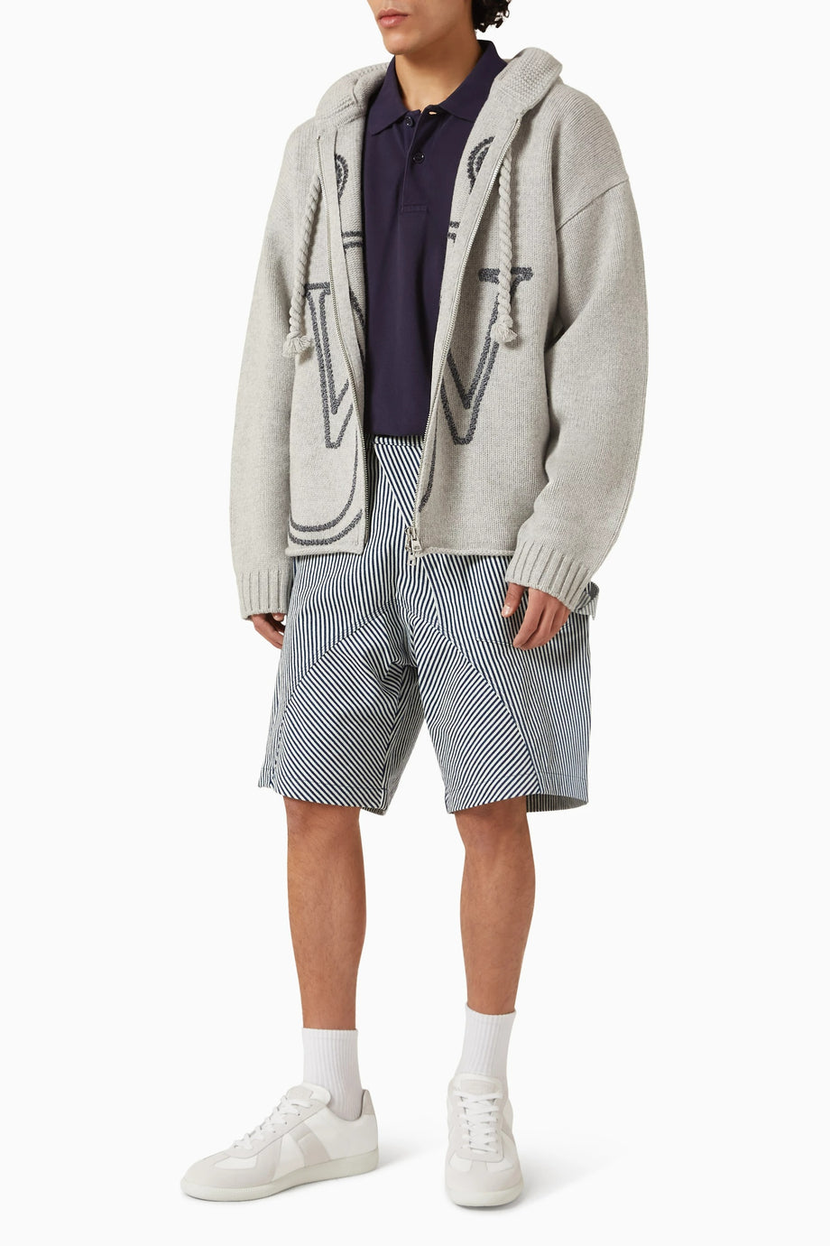 Merino Yünlü Çapa İşlemeli Kapüşonlu Sweatshirt, Gri, Modern ve Sıcak