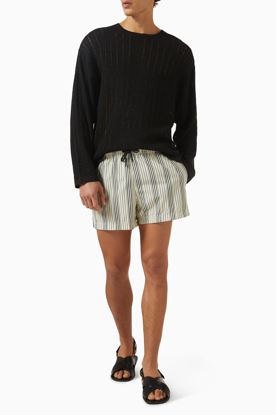 Pointelle Knit Sweater, Siyah Pamuk Keten Delikli Örgü Zarif Kazak