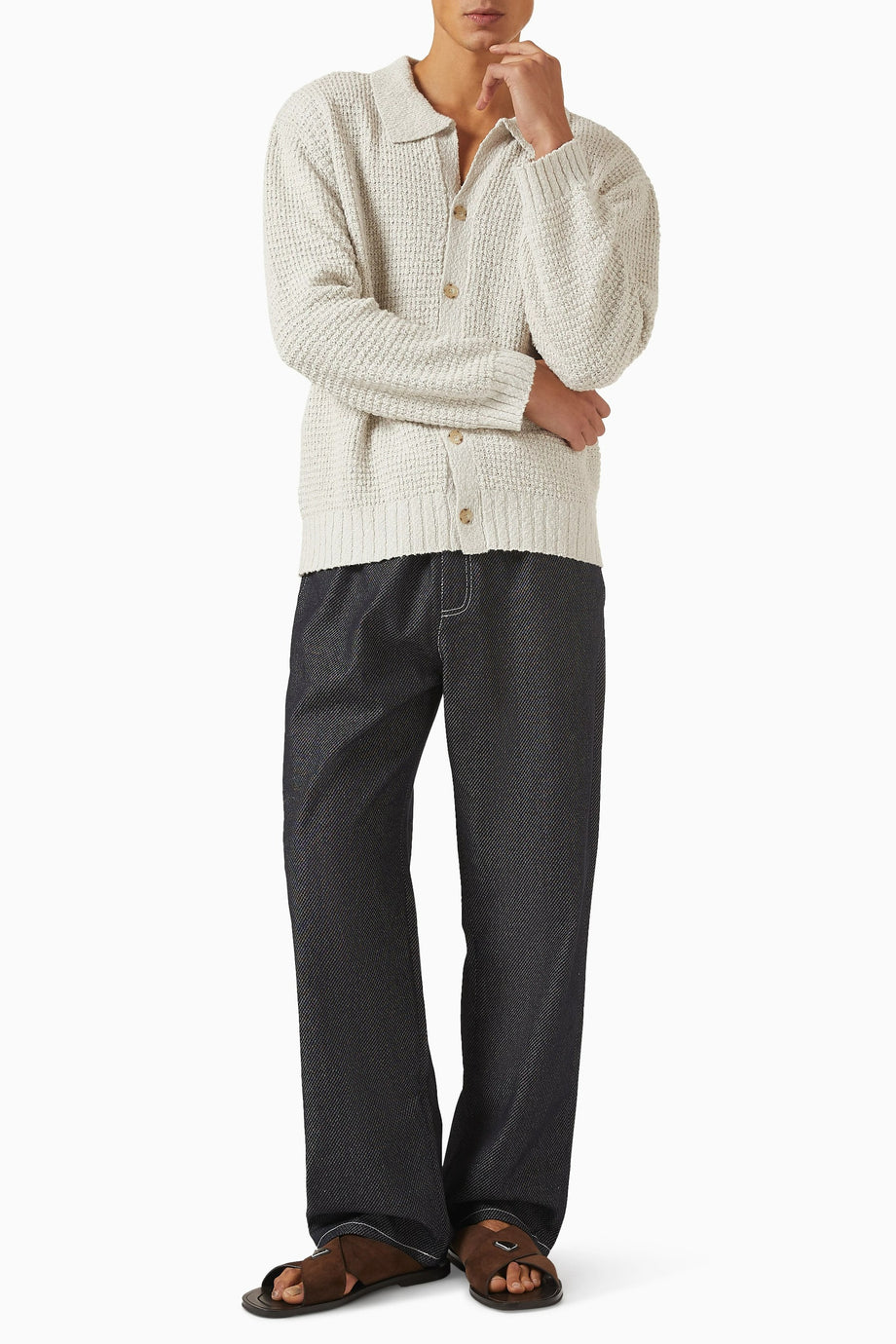 Textured Cardigan, Kırık Beyaz Pamuk Örgü, Düğmeli Rahat Fit