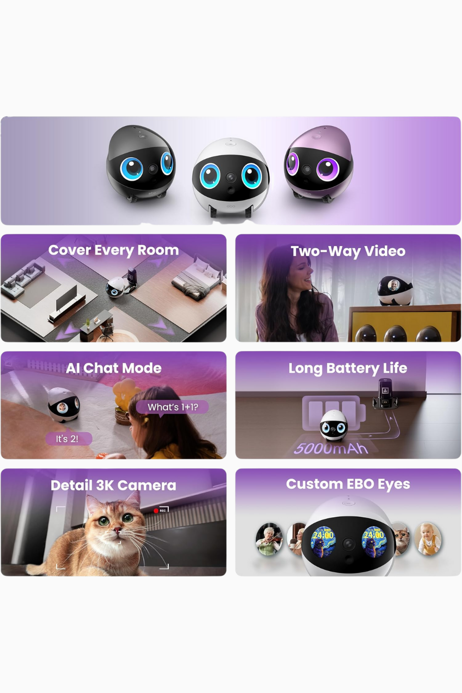 EBO Air 2 Plus 3K Gözetim Kamerası, Yapay Zekalı Mobil Robot, 2 Yönlü Ses, Gece Görüşü