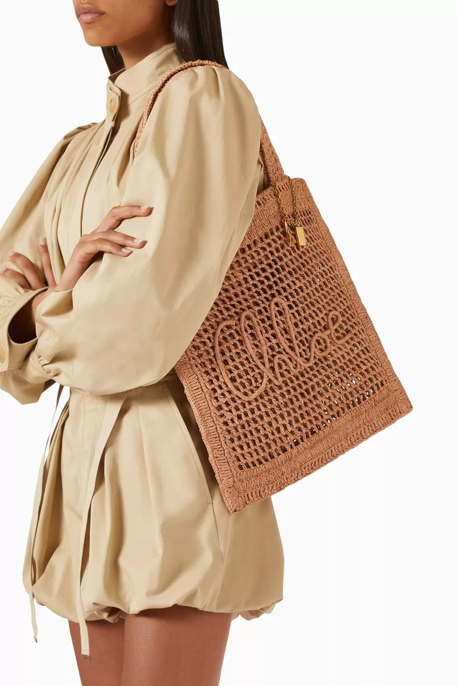 Summer Banana Raffia Tote, Çift Kulplu, İşlemeli Logo ve Altın Tonlu Detaylı Plaj Çantası