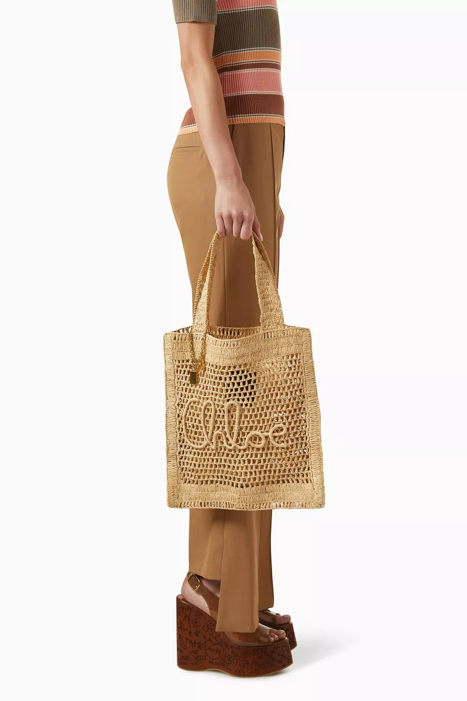 Summer Banana Raffia Tote, Çift Kulplu, İşlemeli Logo ve Altın Tonlu Detaylı Plaj Çantası