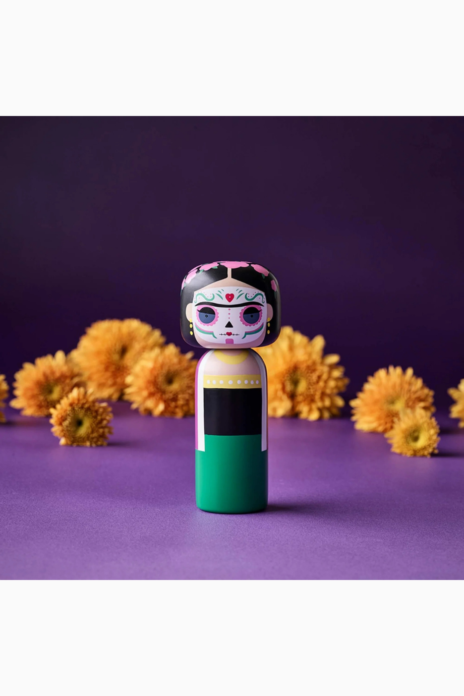 Kokeshi Frida Dia De Los Muertos Ahşap Figür, El Yapımı Koleksiyon Parçası 14,5 cm