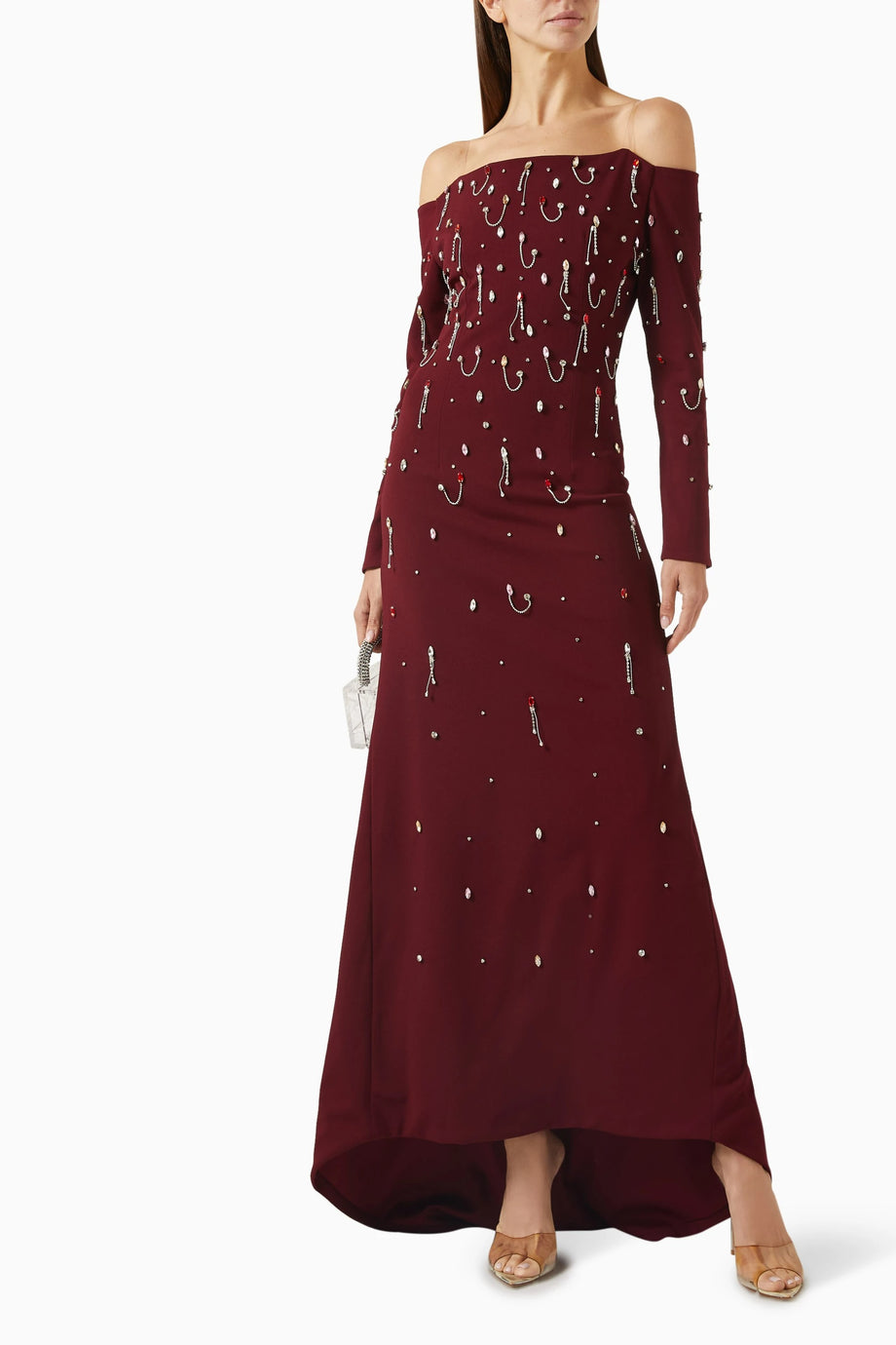 Kırmızı Kristal İşlemeli Off-Shoulder Elbise, Işıltılı Zarafet