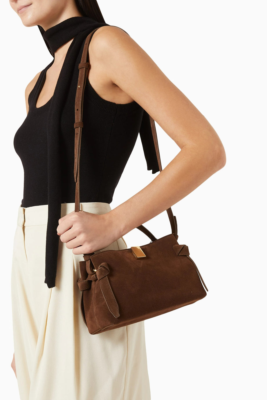 Gyoza Mini Bag İtalyan Süet Çanta, Kahverengi, Üst Saplı ve Omuz Askılı