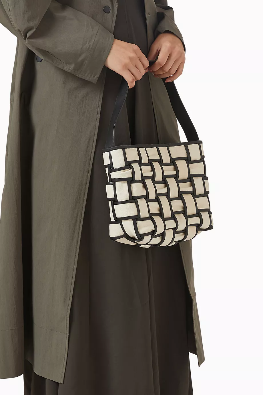 Tuval Deseni Kenarlı Dokuma Mini Tote Çanta, Şık & Fonksiyonel, Sığır Derisi