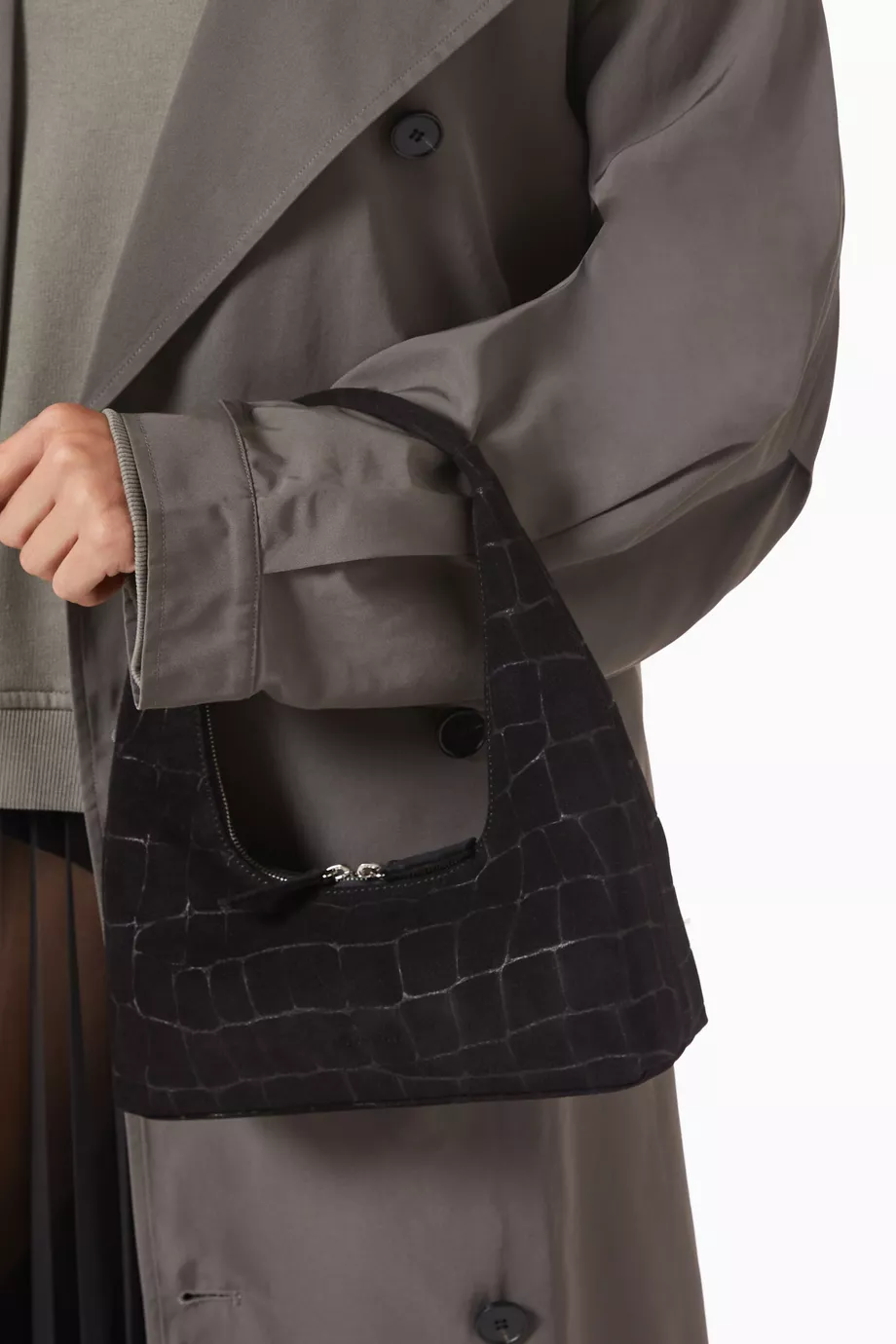 Süet Küçük Hobo Omuz Çantası, Minimal & Şık, Timsah Derisi Desenli
