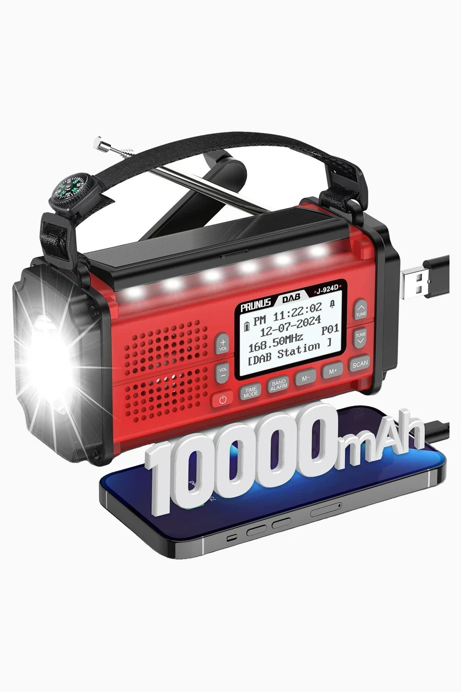 DAB+/FM Dijital Acil Durum Radyosu, 10000 mAh Bluetooth ve El Feneri