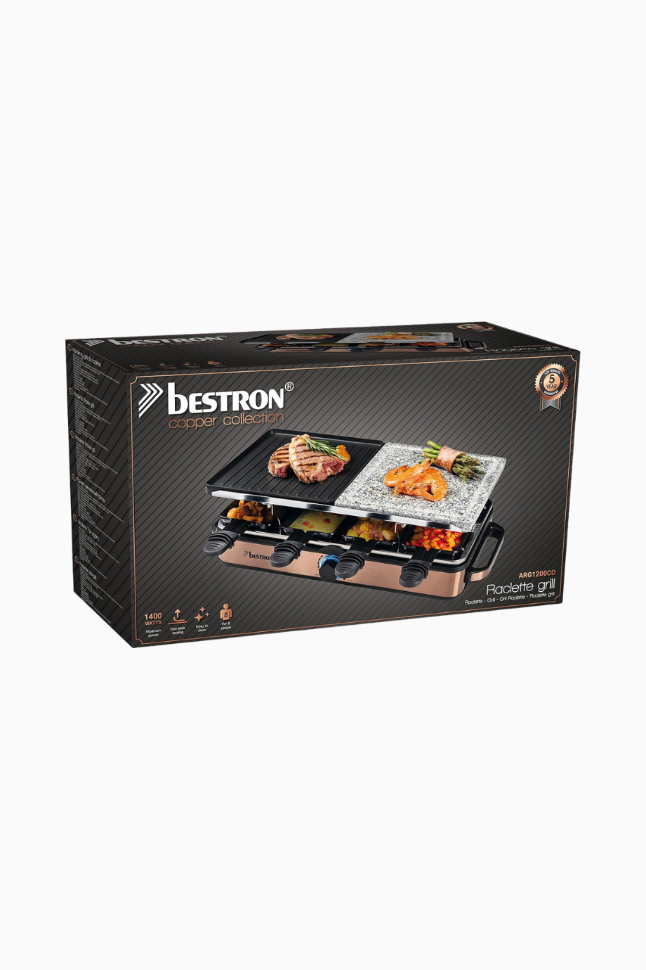 2-in-1 Raclette Party Grill 1400 W 8 Kişilik, Doğal Taş ve Grill Plaka