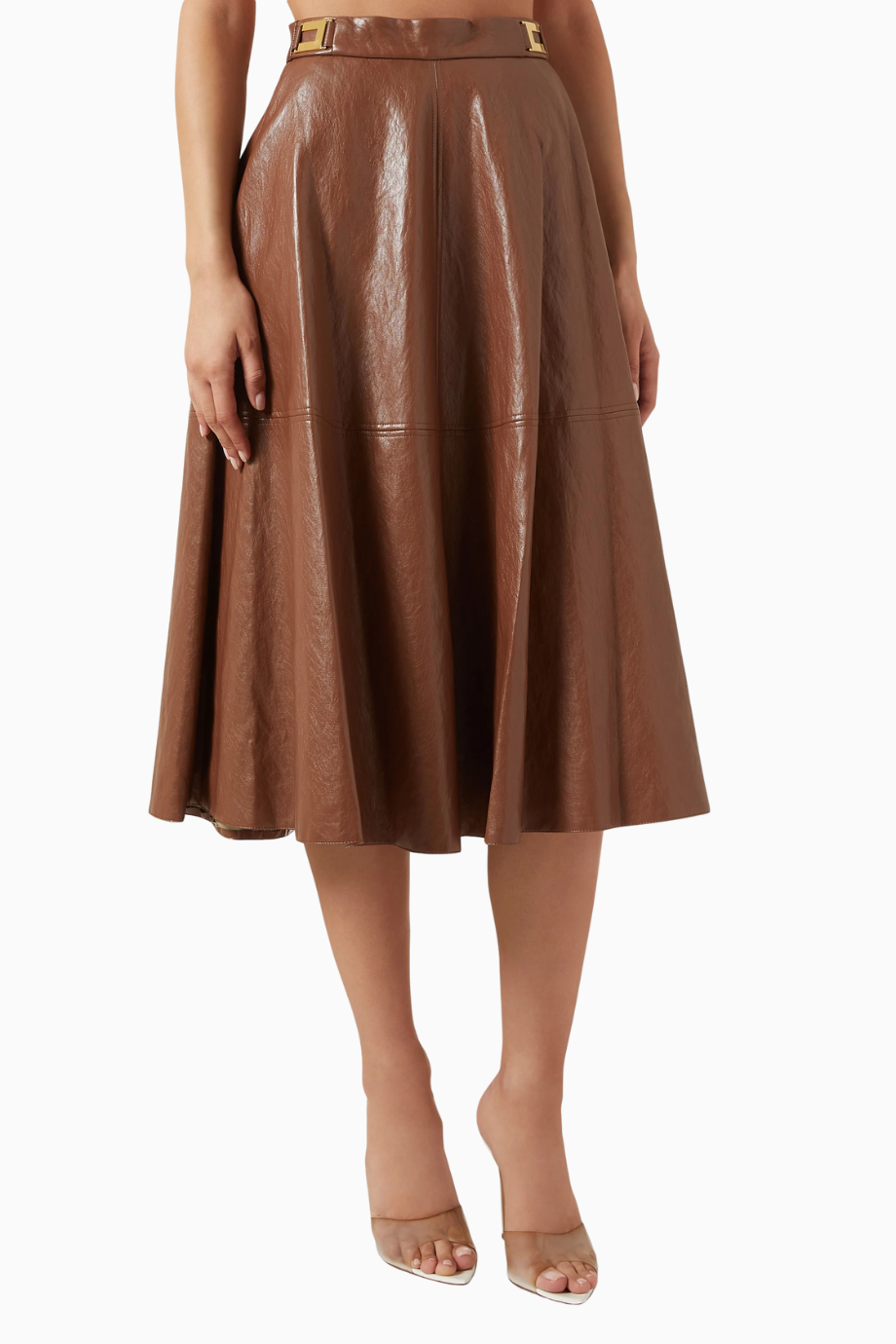 Crackled Deri Görünümlü, Siyah Kloş Midi Etek