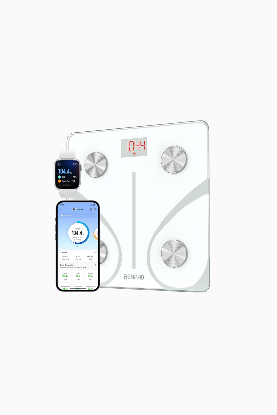Vücut Yağ Tartısı, Beyaz, Bluetooth, 13 Vücut Ölçümü, Akıllı Dijital Terazi