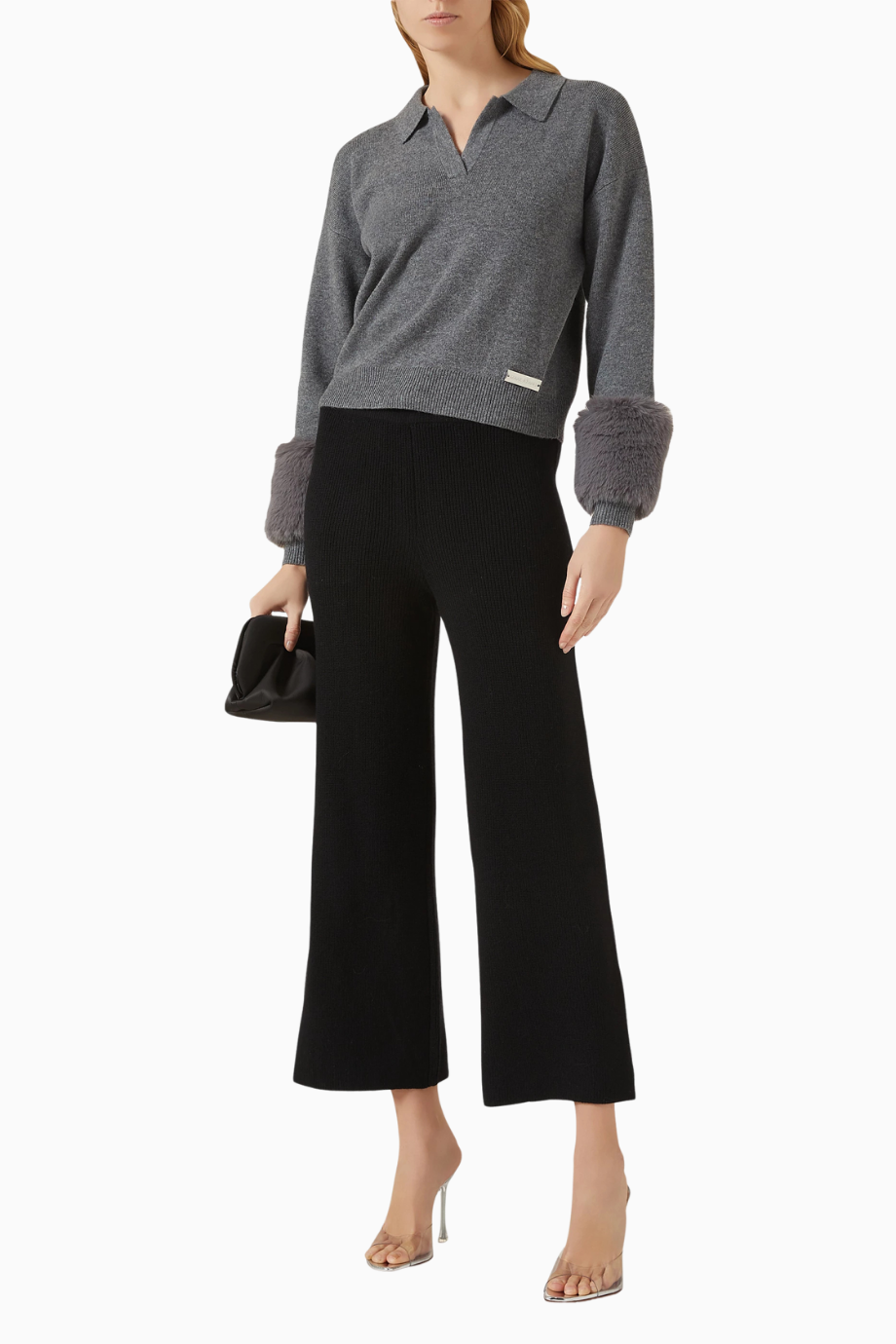 Faux Cuff Polo Sweater, Gri Şık ve Lüks Kadın Yün-Kaşmir Kazak