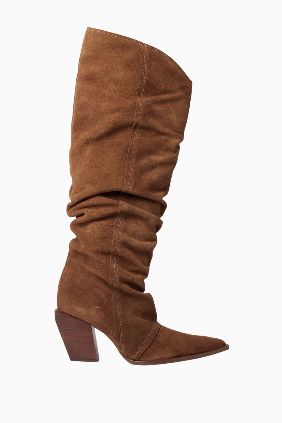 Western Knee Kahverengi Süet, Diz Boyu Blok Topuklu Çizme