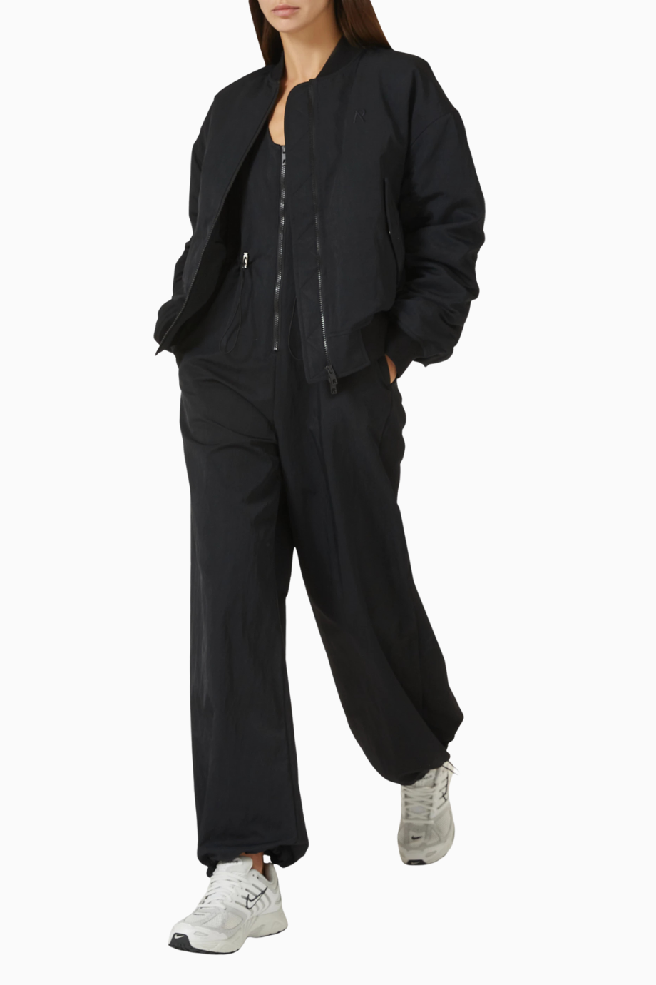 Subway Oversized Jacket, Lüks Siyah Naylon Spor Ceket