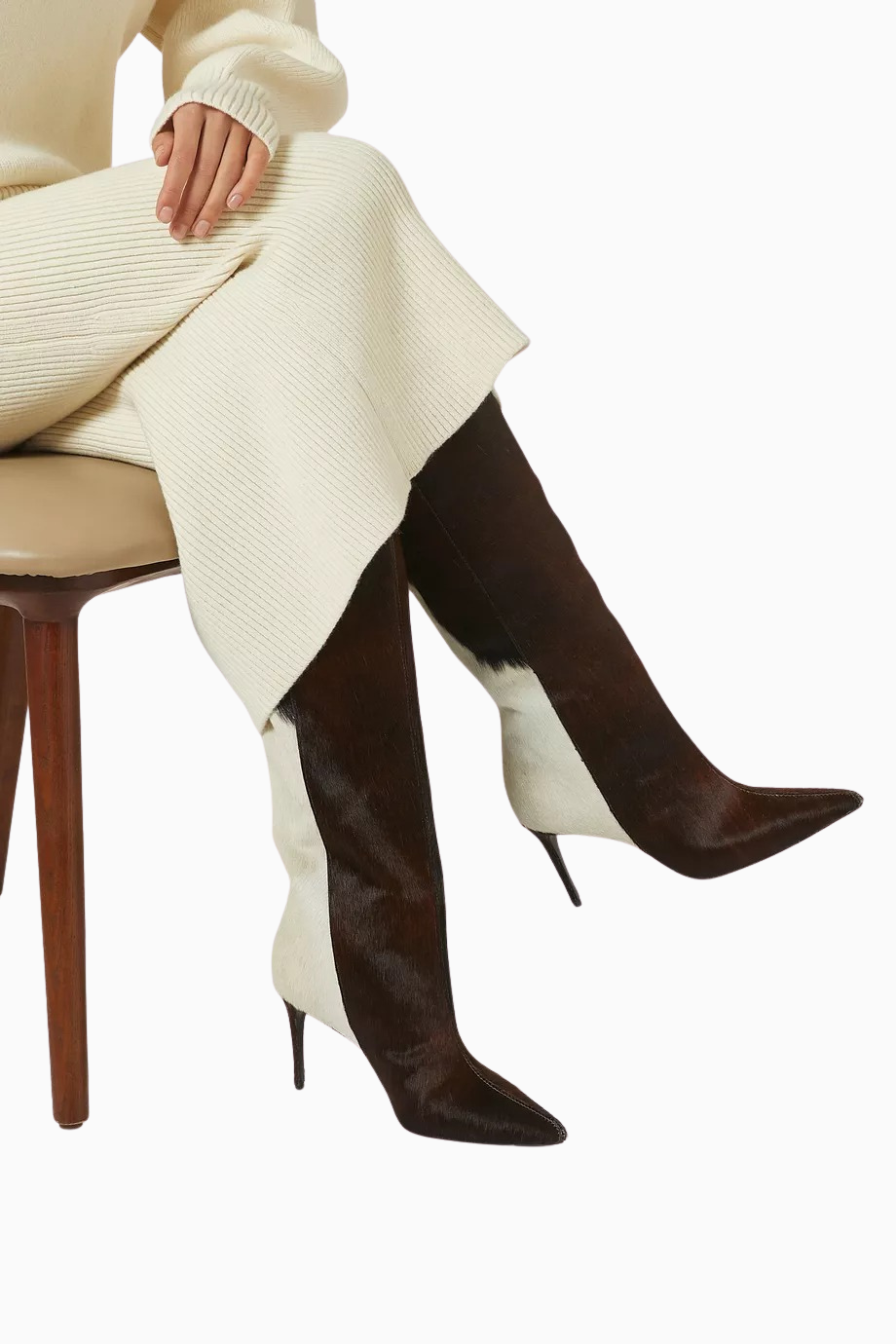 Ember 80 Kahverengi Cow-Print Pony Hair Diz Altı, Sivri Burun İnce Topuklu Çizme