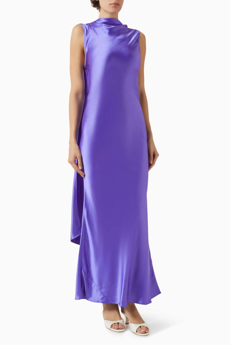 Fleeden Azure Purple Saten Drapeli Kadın Maxi Elbise